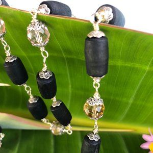 37" black Tulasi with yellow and pink crystal glass beads